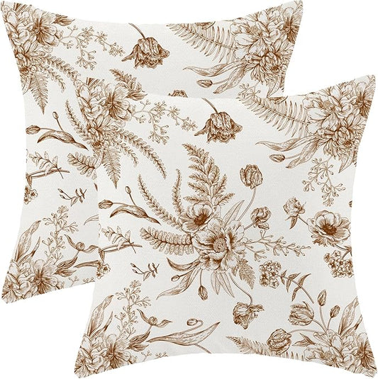 CXMEIFLY Spring Floral Leaves Pillow Covers 16 x 16 Inch Set of 2 for Chinoiserie Flowers Decor Throw Pillows Brown and White Seasonal Plant Outdoor Decorative Cushion Cases for Couch Bed Decorations