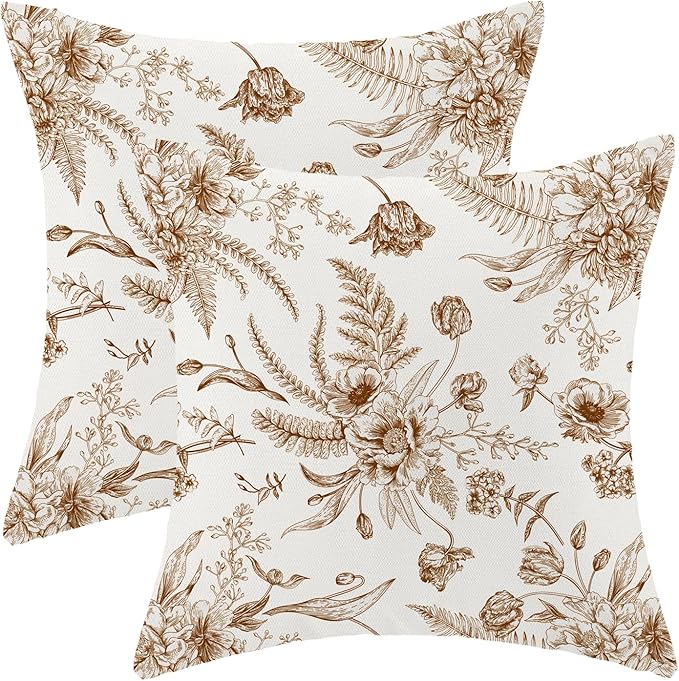 CXMEIFLY Spring Floral Leaves Pillow Covers 18 x 18 Inch Set of 2 for Chinoiserie Flowers Decor Throw Pillows Brown and White Seasonal Plant Outdoor Decorative Cushion Cases for Couch Bed Decorations