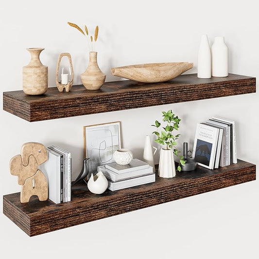 Floating Shelves for Wall 36 Inches Long,9.3" Deep Rustic Brown Floating Shelf Set of 2,Wall Mounted Shelves for Bathroom Bedroom Living Room Kitchen Office,Shelf for Books Storage,Home Decor