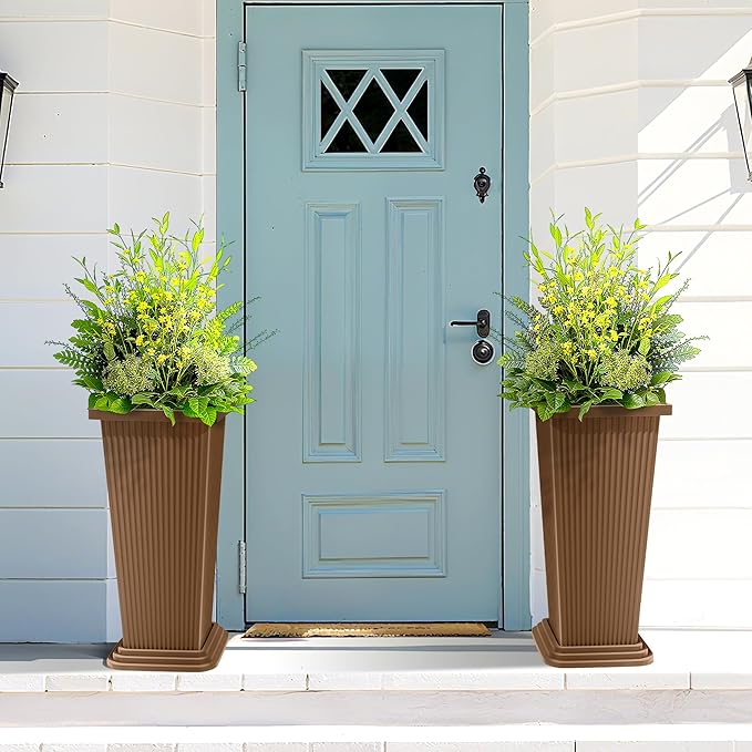 FENCY Set of 2 Tall Planters for Outdoor Plants, 24 Inch Large Tapered Pots with Drainage Trays, Weather-Resistant Plastic Plant Containers for Patio, Porch, Garden, Front Door Decor,Brown, Striped