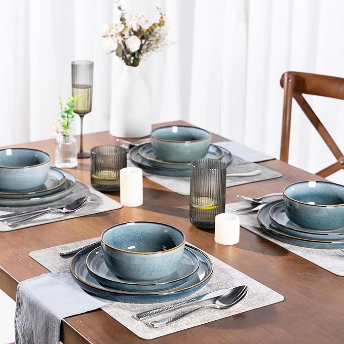 GBHOME Ceramic Dinnerware Sets for 8, 24 Pieces Stoneware Plates and Bowls Sets, Scratch Resistant Dishes, Dishwasher & Microwave Safe, Reactive Glaze-Space