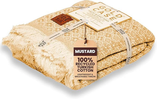 Gold Case Throw Blanket for Couch – 100% Recycled Turkish Cotton Blankets & Throws – Elegant Decorative Throw Blankets for Living Room Sofa – Woven Throws for Couch – Retro Mustard – 50x60