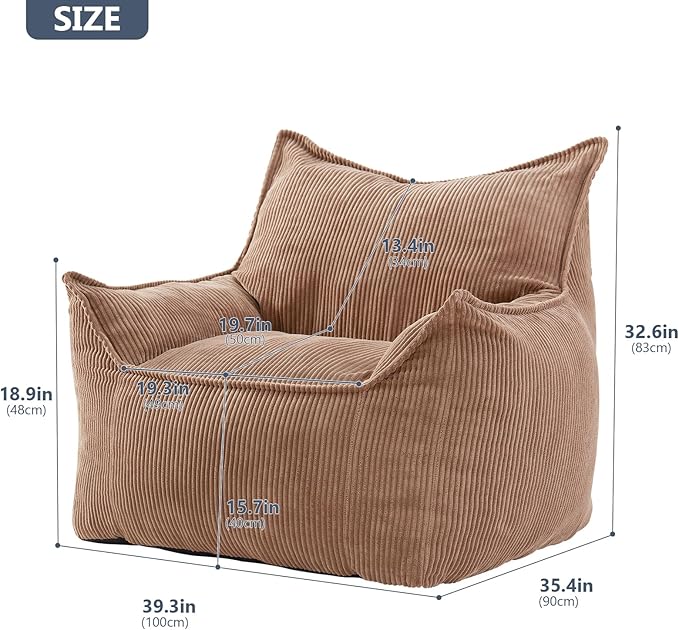 Giant Bean Bag Chair Sofa for Adults Teens, Comfy Corduroy Large Bean Bag Chairs with Armrests for Bedroom Living Room, Adult BeanBag Lazy Sofa Couch Chairs with Filler Included