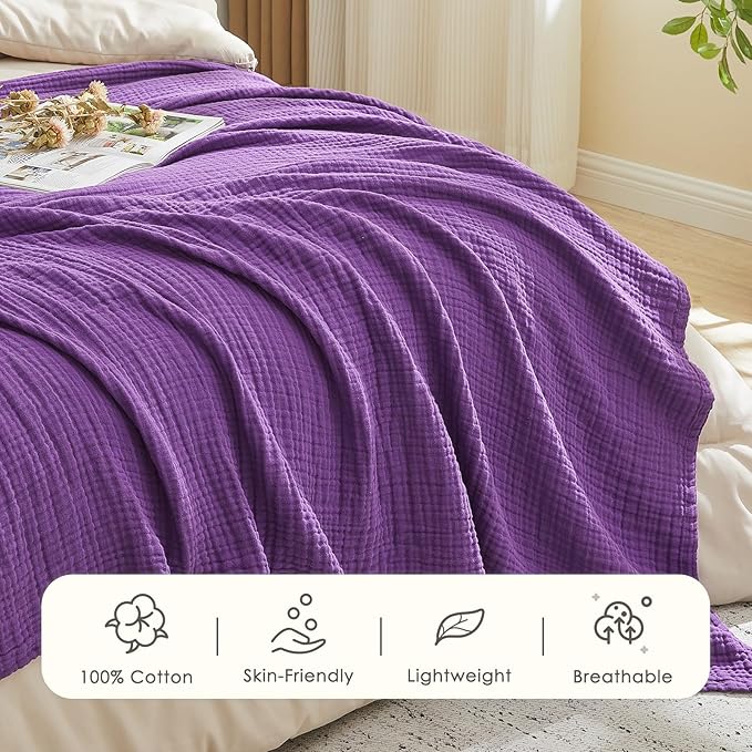 EMME Cotton Muslin King Blanket Bed Layering Breathable Gauze Blanket Soft Lightweight Blankets Adults (Purple, 108"x90")