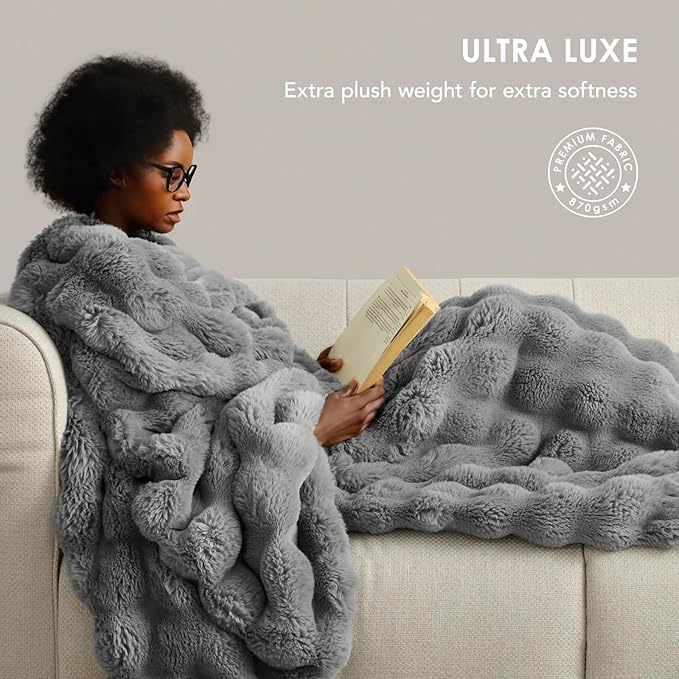 EVERGRACE Ultra Soft Luxury Fluffy Ridgeline Faux Rabbit Fur Throw Blanket, Thick Warm Bubble Throw for Bed, Cozy Plush Reversible Blankets for Couch, Chair, Sofa, Grey, 60x80 Inches, 870 GSM