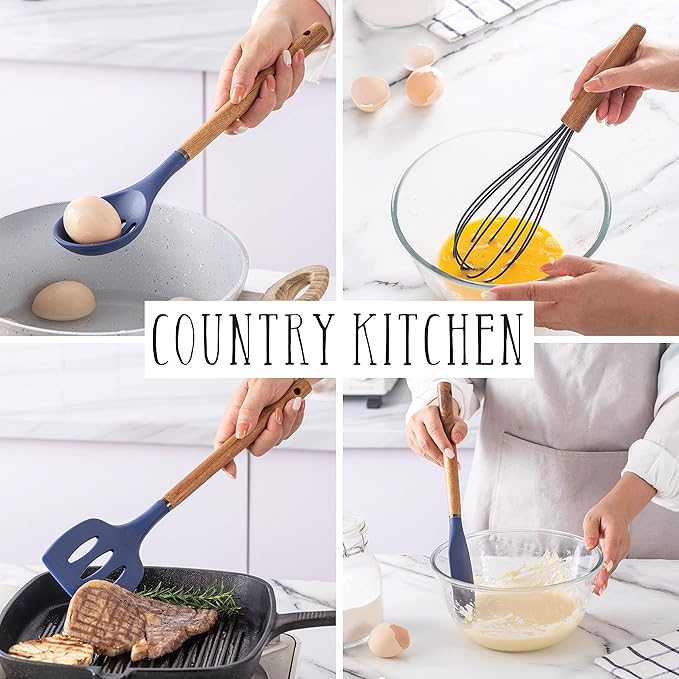 Country Kitchen Non Stick Silicone Utensil Set with Rounded Wood Handles for Cooking and Baking, 8 Piece Set, Navy