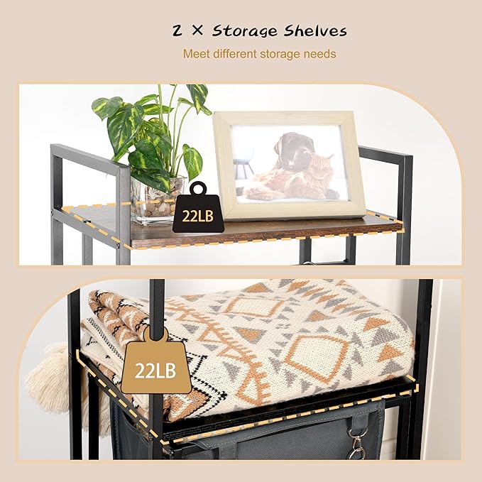 Coat Rack with Laundry Basket, Laundry Hamper Freestanding Hall Tree, Clothes Rack with Storage Shelves, 14.5 Gal Removable Bags on Wheels, Black and Brown JLH005SR