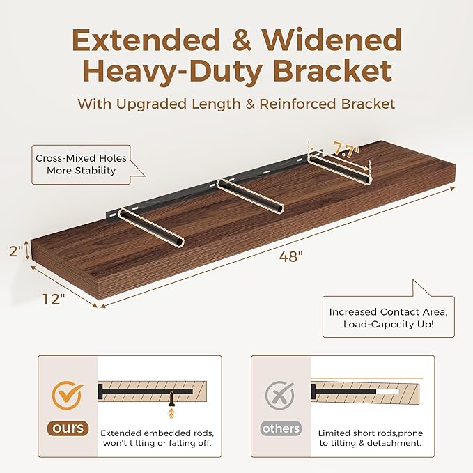 Floating Shelves 48 Inch Long, 12 Inch Deep Floating Shelves for Wall, 48 x 12 Large Wall Shelves for Home Storage & Display, 2" Thicked Floating Shelf for Bedroom, Living Room, Walnut Color, 1 Pack