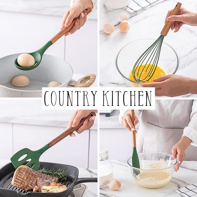 Country Kitchen Non Stick Silicone Utensil Set with Rounded Wood Handles for Cooking and Baking, 8 Piece Set, Green