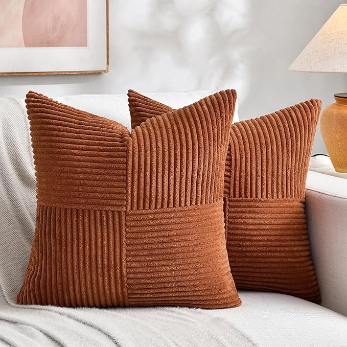 Fancy Homi 2 Packs Rust Samll Decorative Throw Pillow Covers 14x14 Inch with for Couch Bed, Rustic Farmhouse Boho Home Decor, Soft Corss Patchwork Corduroy Square Terracotta Cushion Case 35x35 cm