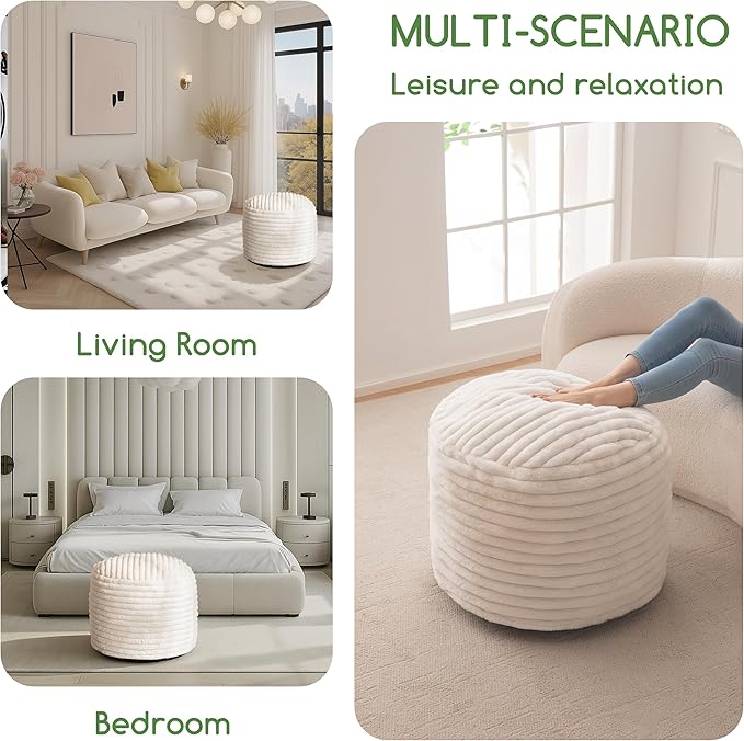 HIGOGOGO Round Stuffed Pouf Ottoman, Stripe Faux Fur Poufs with Foam Chunk Filling, Furry and Fluffy Pouf Foot Stool Storage Ottoman, 26 X 18 Floor Poufs Foot Rest for Living Room, Beige