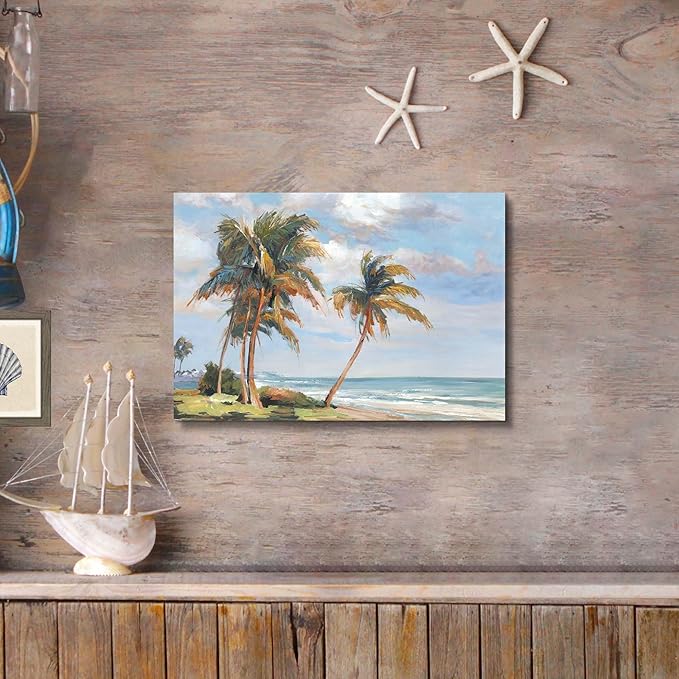 cozy country Palm Tree Wall Art 16"x11" - Coastal Pictures Beach Canvas Ocean Decor - Nautical Artwork Seascape Painting for Bathroom, Bedroom, Sea House