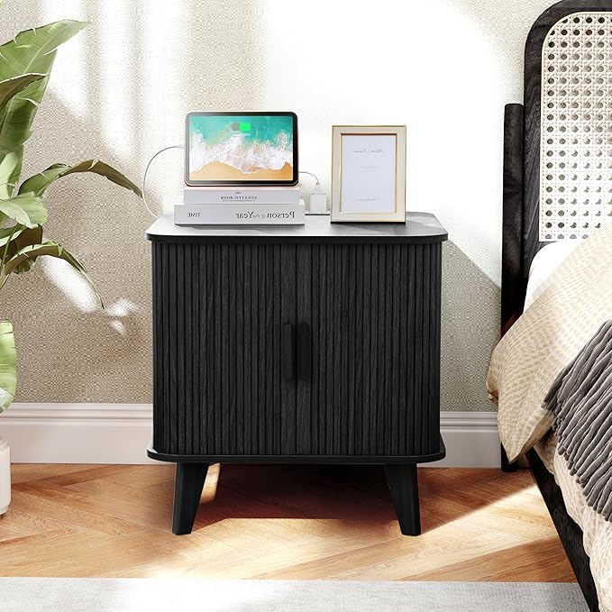 Farmhouse Square End Table with Charging Station, 24" Large Fluted Sofa Side Table with Sliding Tambour Door and Storage, Rustic Curved Wood Nightstand for Living Room, Bedroom, Black