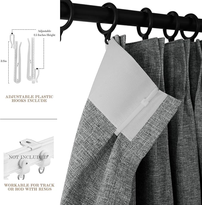 Mid Grey Pinch Pleat 100% Blackout Drapes Linen Blend, Room Divider, Room Darkening, Energy Saving, Furniture Protecting, Light Blocking Extra Wide Privacy Curtains, 200Wx102L, 1 PC