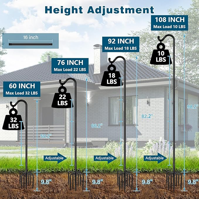 Gtongoko Tall Shepherds Hook for Outdoor, 108 Inch Bird Feeder Pole with 7 Prongs Base, 3/4 Inch Thick Heavy Duty Adjustable Garden Hook for Hanging Plant, Lantern, Hummingbird Feeder, 1 Pack