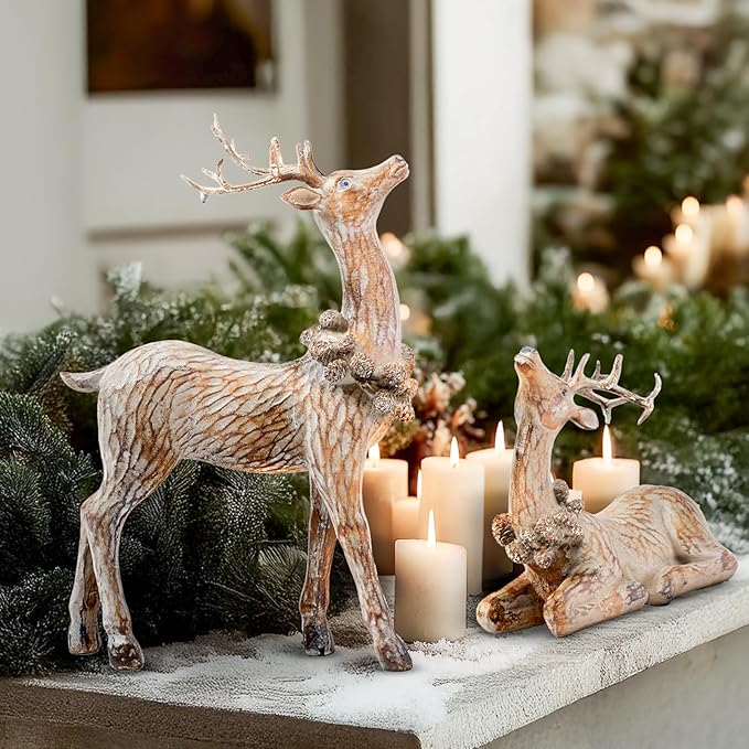 DN DECONATION 2pcs Reindeer Christmas Figurines, Tabletop Reindeer Small Christmas Decor, Brown Resin Deer Statue, Holiday Home Décor Accents for Xmas Office Living Room & Bedroom Decorations