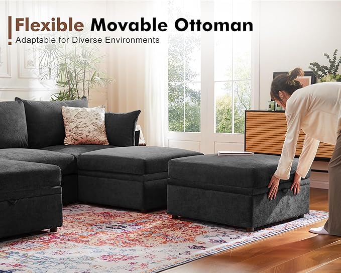 102.6" U Shaped Modular Sectional Sofa, 5 Seater Couch with Storage Ottoman Deep Seat and High Backrest with Removable Cover for Living Room, Apartment - Chenille Black