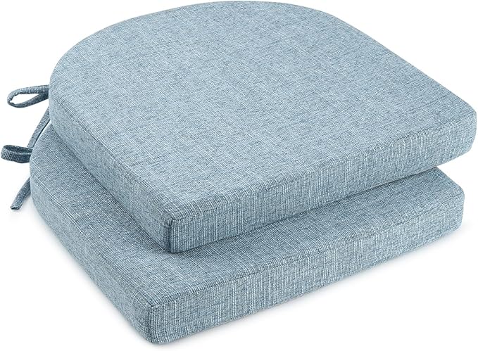 downluxe Indoor Chair Cushions for Dining Chairs, Soft and Comfortable Textured Foam Kitchen Chair Pads with Ties and Non-Slip Backing, 16" x 16" x 2", Light Blue, 2 Pack