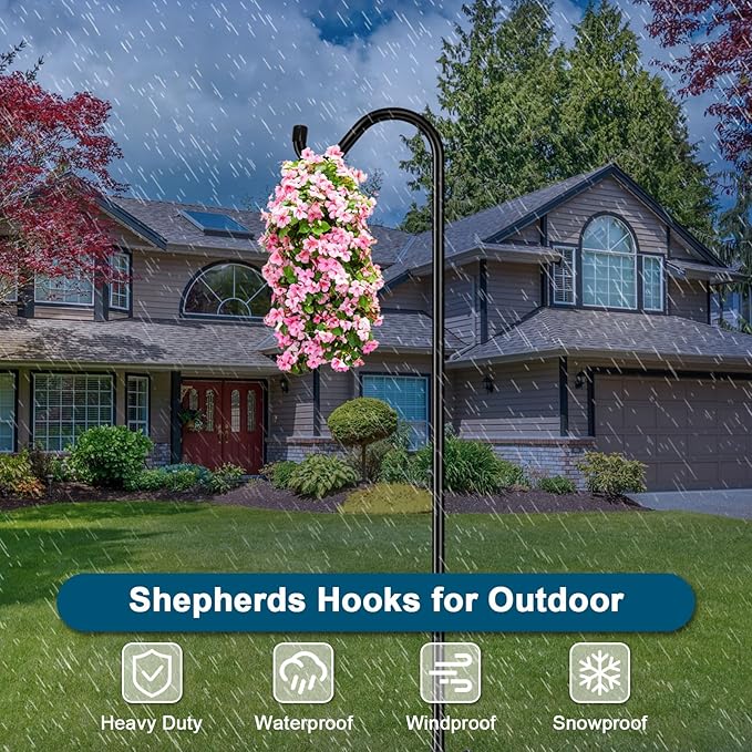 Gtongoko Tall Shepherds Hook for Outdoor, 108 Inch Bird Feeder Pole with 7 Prongs Base, 3/4 Inch Thick Heavy Duty Adjustable Garden Hook for Hanging Plant, Lantern, Hummingbird Feeder, 1 Pack