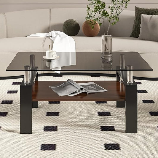 Glass Coffee Table Rectangle Living Room Center Table, with Gray Tempered Glass Tabletop and Brown MDF Layer,for Living Room and Office, Gray+Brown