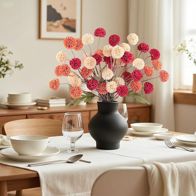 Faux Kiku Flowers Fall 10 Stems & 2 Eucalyptus, Fake Mums Pompon Flower Ball, Autumn Burnt Orange Artificial Chrysanthemums Flowers for Boho Decor, Mini Faux Kiku Flower Wedding Arrangements Decor