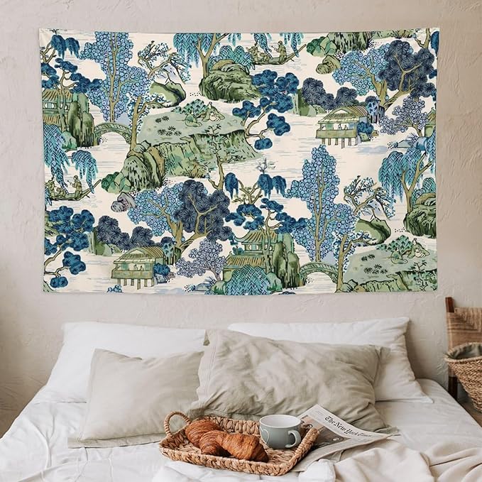 Chinoiserie Tapestry,Asian Watercolor Abstract Art Tapestry,Asian Japanese Wall Tapestry, Nature Landscape Tapestries for Bedroom Living Room Decor 60"x40"
