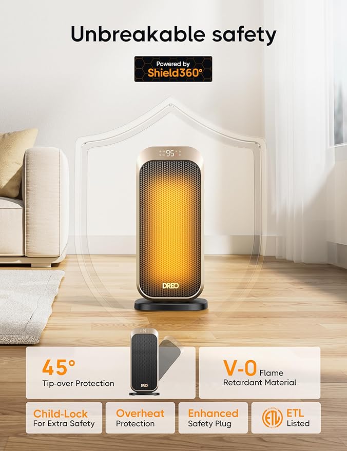 Dreo Space Heaters for Indoor Use, 1500W Portable Electric Heater with Remote and Thermostat, PTC Ceramic, Safety Heat with 70° Oscillation for Bedroom Office Home, Quiet, 12H Timer