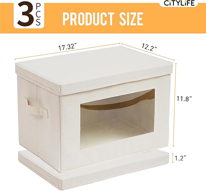 Citylife 3 Pack Storage Bins with Lids, Fabric Foldable Storage Bins with Soft Cord Handles, Canvas Storage Bin with Lid for Organizing Clothes, Blankets and Books, Beige