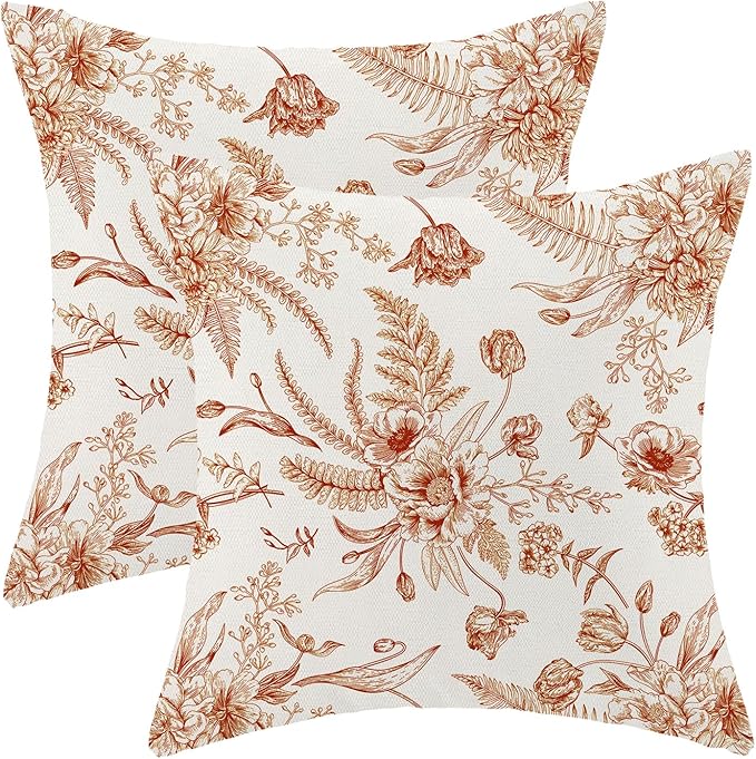 CXMEIFLY Burnt Orange Spring Pillow Covers 18 x 18 Inch Set of 2 for Chinoiserie Flowers Decor Throw Pillows Floral Leaves Seasonal Plant Outdoor Decorative Cushion Cases for Couch Bed Decorations
