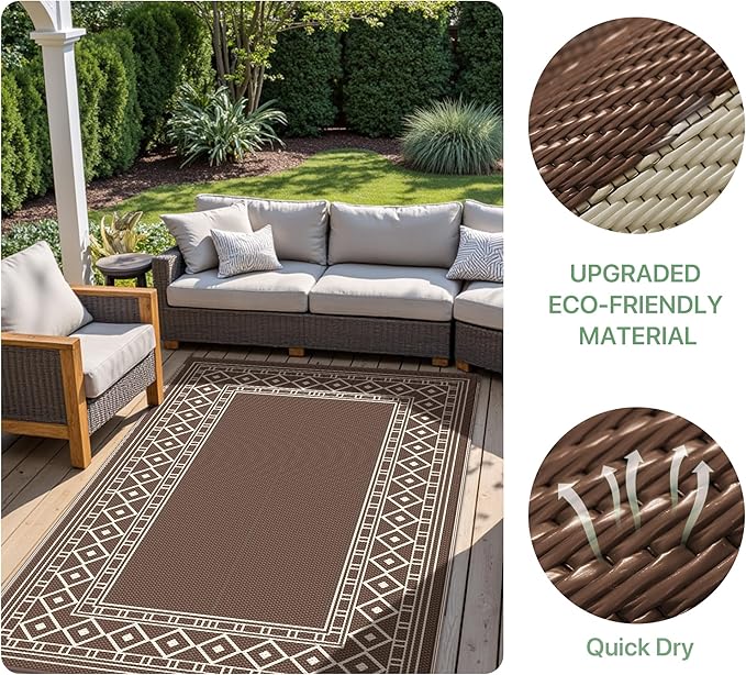 GENIMO Outdoor Rug Waterproof for Patio Decor, 5'x8' Reversible Plastic Straw Rug Carpet, Camping Mat for Outdoor, RV, Backyard, Deck, Balcony, Picnic, Beach, Coffee & Beige