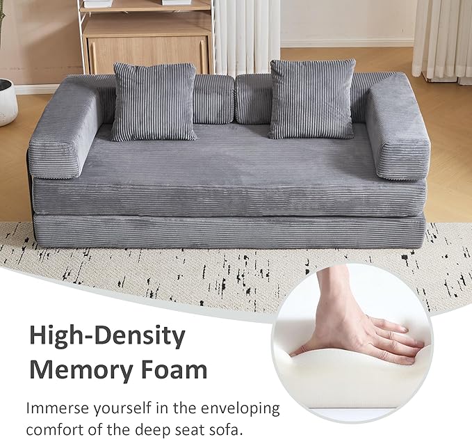 Convertible Sleeper Sofa Bed, Compression Folding Sofa with Pillow, No Assembly Required, Shape Frame, Floor Sofas Lounge Couch for Living Room, Bedroom, Small Spaces(Corduroy, 77''W, Dark Grey)