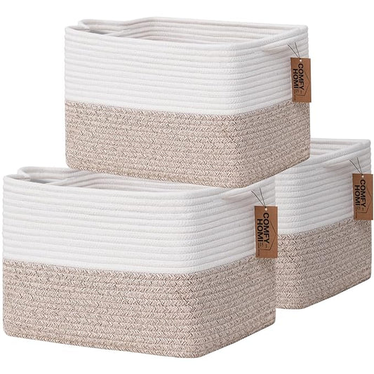 COMFY-HOMI 3-Pack Cotton Rope Woven Basket with Handles for Shelves, Books, Toys, Cloth Storage|Towel Storage|Nursery Baby Basket - 13.5" x 11" x 9.5" for Living Room (White/Brown)