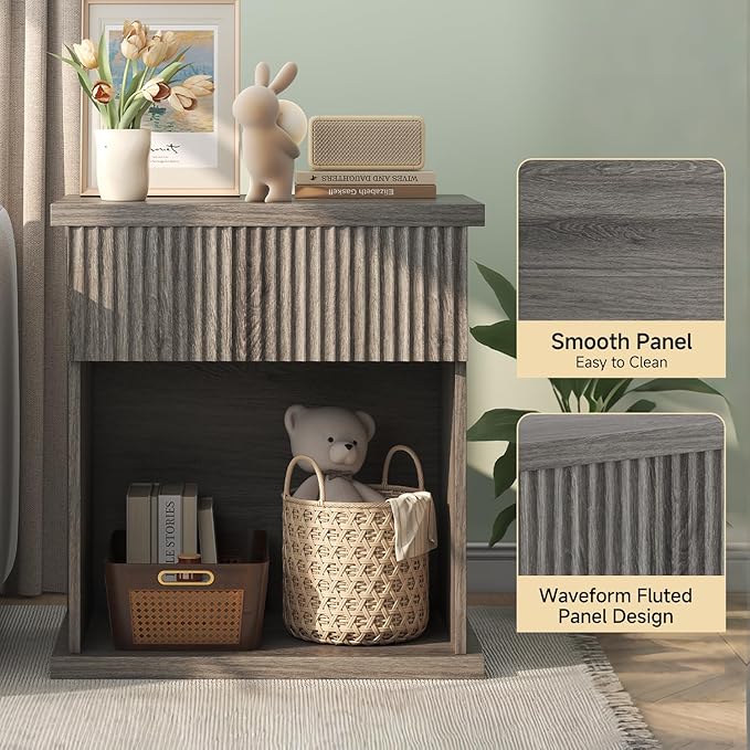 Fluted Nightstand Set of 2, 22.8" Wide Nightstands with Drawer Storage Large Wood BedsideTable Night Stands for Bedroom, Grey Oak