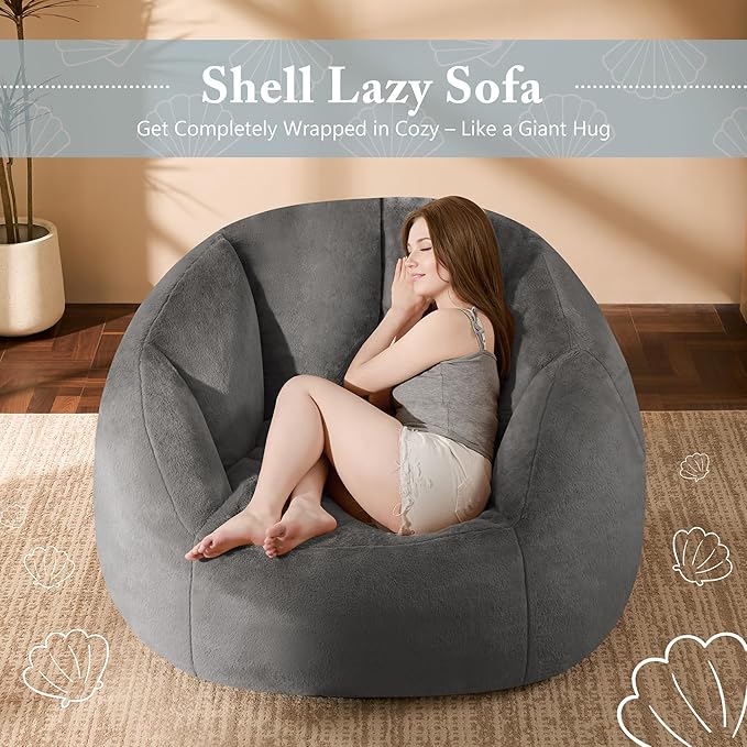 Giant Bean Bag Swivel Chair for Adults - Comfy Plush Round Shell Soft Accent Beanbag Chair, Oversized Cozy Floor Sofa Reading Chair for Living Room, Bedroom & Game Rooms, Gray