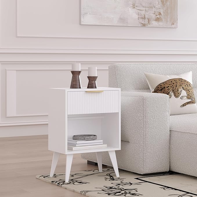 Fluted Night Stand with Opening Storage,Mid Century Bedside Table with Drawer,Modern Nightstand with Solid Wood Legs,End Table Side Table for Living Room,Bedroom,White CTG56W
