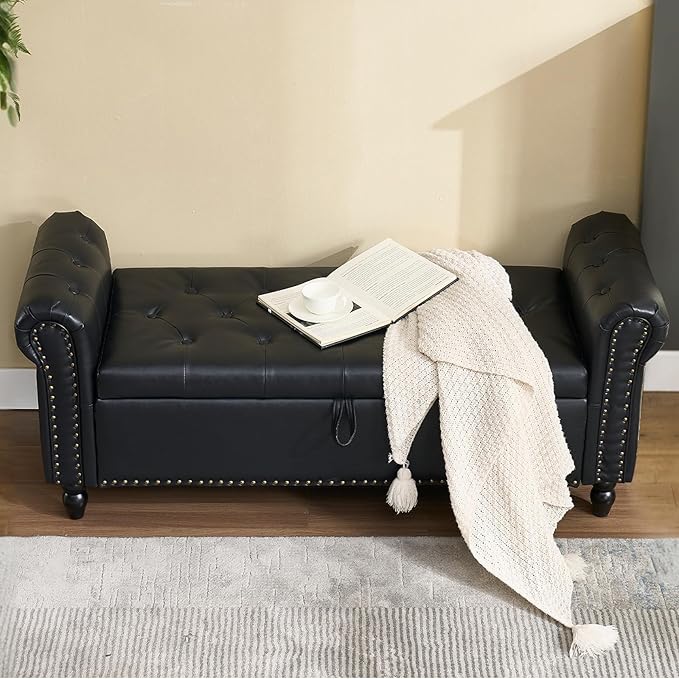 Furniliving 55” End of Bed Bench, Bedroom Bench with Button-Tufted, Large Upholstered Storage Ottoman Benches Entryway Bench with Storage Shoe Cabinet Bench, for Bedroom, Living Room, PU, Black
