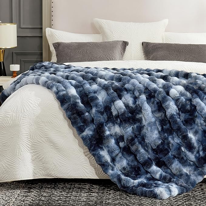 Cozy Bliss Faux Fur Throw Blanket for Couch, Fuzzy Soft Plush Thick Bubble Blanket for Sofa Bedroom Living Room, 60 * 80 Inches Tie-dye Blue