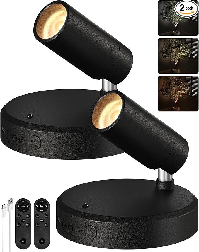 EZVALO Spotlights Indoor with Remote, 5500mAh Rechargeable Picture Lights, Wireless LED Uplighting with Timer＆Dimmable, 3CCT, Display Lights for Plant Painting, Artwork, Accent Lighting (2Pack-Black)