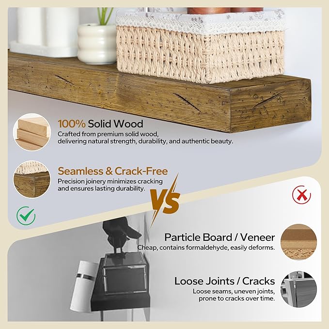 Floating Shelves 3 inch Thick for Wall Set of 2,Solid Pine Wood Wall Mount Shelf for Kitchen Living Room Bedroom Bathroom,8" D x 24" L x 3" H-Distressed Black Walnut