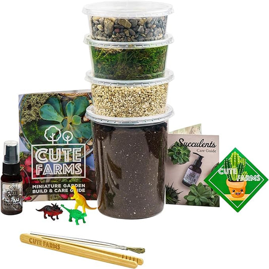 Cute Farms Terrarium Starter Kit | Moss, Vermiculite, Soil, Pebbles, Plant Food, Finishing Tools, Build and Care Guide | DIY Succulent Terrarium for Adults and Kids (Large)