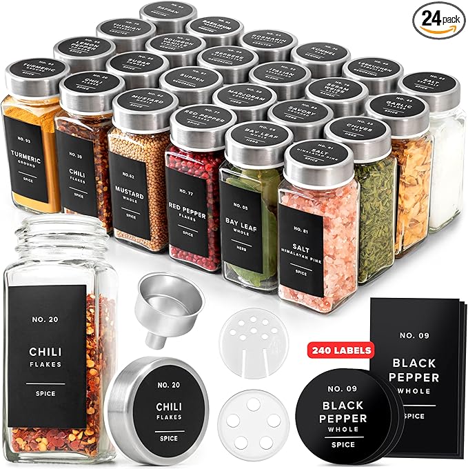 Glass Spice Jars with Labels and Steel Lids (24 x 4oz) Spice Containers with 240 Label, Steel Funnel, Shaker Inserts, Empty Square Seasoning Organizer for Spice Rack, Cabinet, Drawer