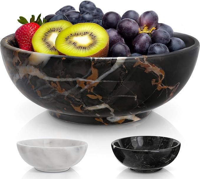 Gusto Nostro 8" Luxury Black Marble Decorative Bowl for Coffee Table - Elegant Decorative Fruit Bowl for Kitchen Counter - Heavy Stone Entryway Catch All for Keys, Potpourri Holder Centerpiece, Medium