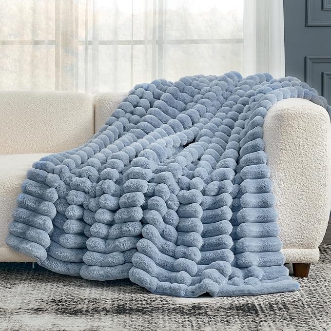 Cozy Bliss Faux Fur Throw Blanket for Couch, Cozy Warm Plush Striped Blanket for Sofa Bedroom Living Room,50 * 60 Inches Light Blue