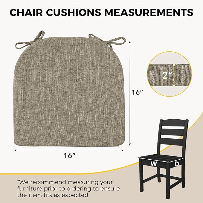 downluxe Indoor Chair Cushions for Dining Chairs, Soft and Comfortable Textured Foam Kitchen Chair Pads with Ties and Non-Slip Backing, 16" x 16" x 2", Khaki, 4 Pack