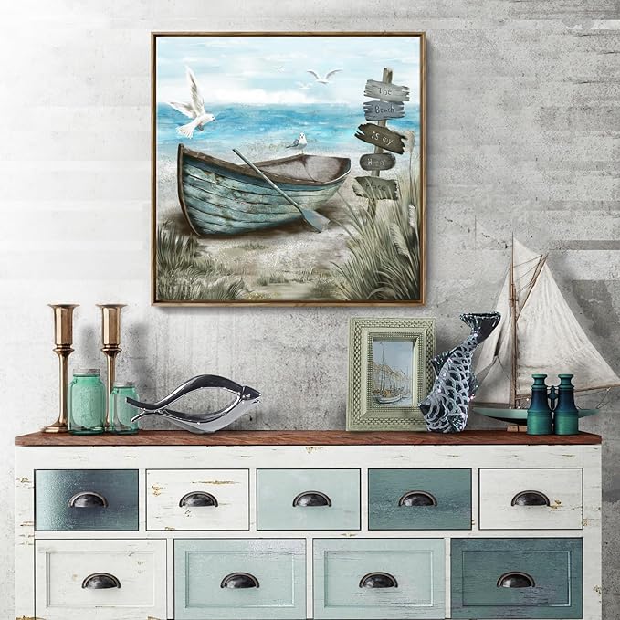 Framed Wall Art Bedroom Nautical Decor Boat Canvas Picture Rustic Coastal Sand Canvas Print Ocean Beach Painting Seascape Sea Bird Vintage Ship Artwork for Seaside Home Living Room Office Bathroom