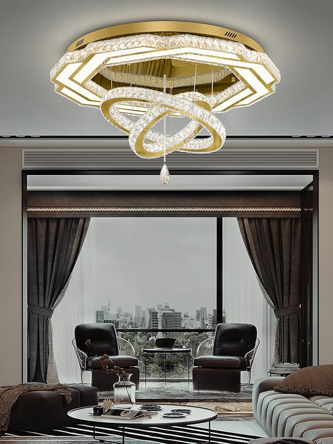 Flashing God Large Crystal Chandelier Dia 48" Gold Chandelier Flush Mount Ceiling Light for Bedroom Living Room Dining Room Hallway Dimmable 3 Rings LED Celing Lighting Fixtures