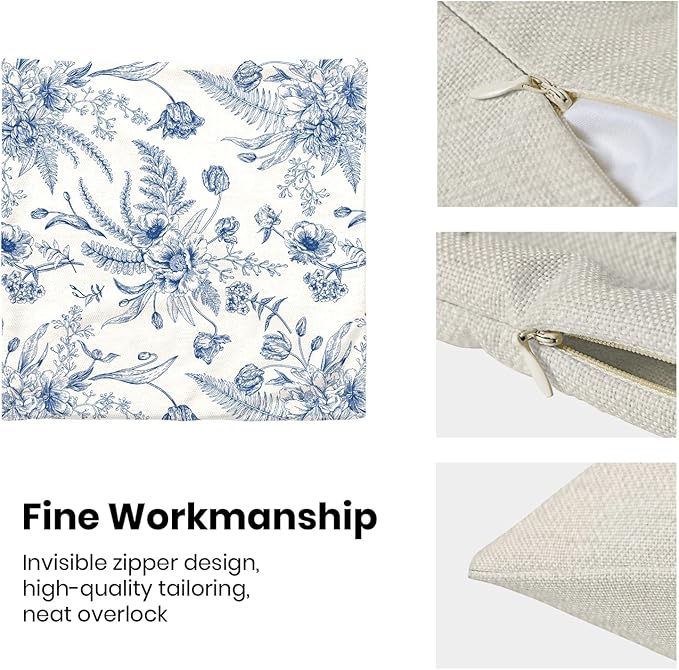 CXMEIFLY Spring Floral Leaves Pillow Covers 16 x 16 Inch Set of 2 for Chinoiserie Flowers Decor Throw Pillows Blue and White Seasonal Plant Outdoor Decorative Cushion Cases for Couch Bed Decorations