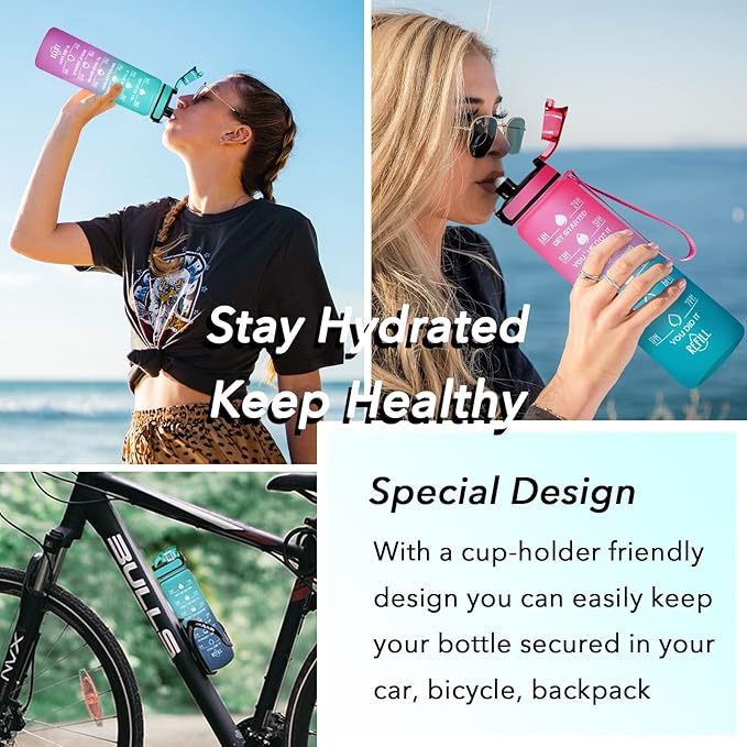 Enerbone Water Bottle, Leakproof BPA & Toxic Free, Motivational Water Bottle with Times to Drink and Straw, Fitness Sports Water Bottle with Strap for Office, Gym, Outdoor Sports