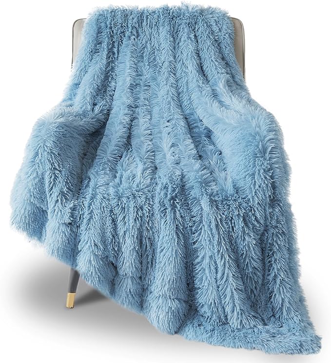 GONAAP Fuzzy Faux Fur Throw Blanket Light Blue Super Soft Cozy Plush Fuzzy Shaggy Blanket for Couch Sofa Bed (Light Blue, Throw(50"x60"))