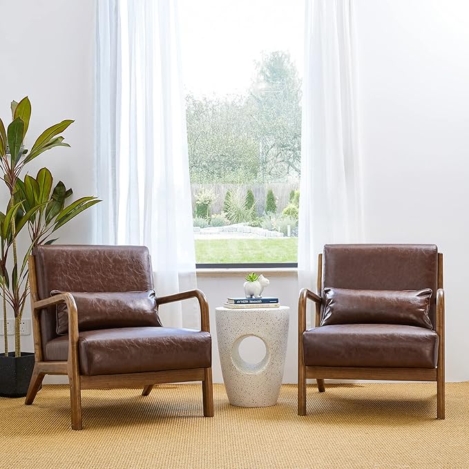 Glitzhome 2 Set Mid Century Coffee Accent Armchair, Single Reading Armchair PU Leather Lounge Chair with Walnut Ruberwood Frame